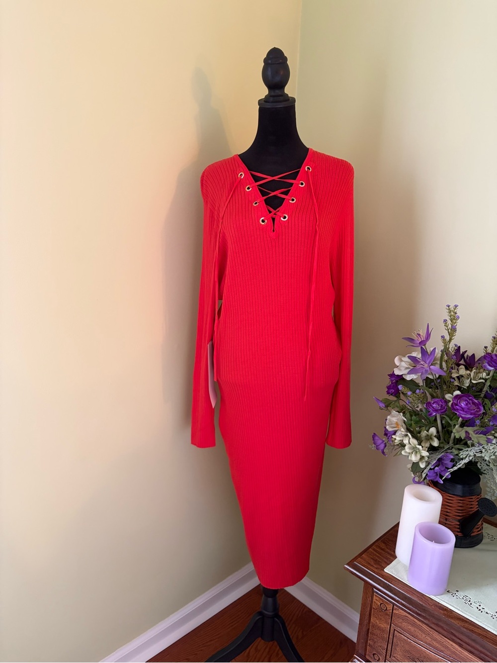 Ashro Crimson Ribbed Lace-Up Long Sleeve Midi Dress